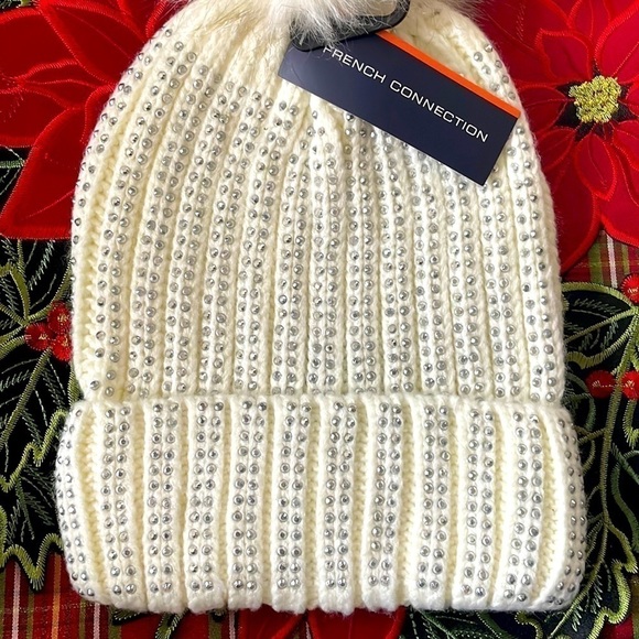 Brand New French Connection Pom Beanie Cable Knit Hat Light Cream Silver Studded main image 9